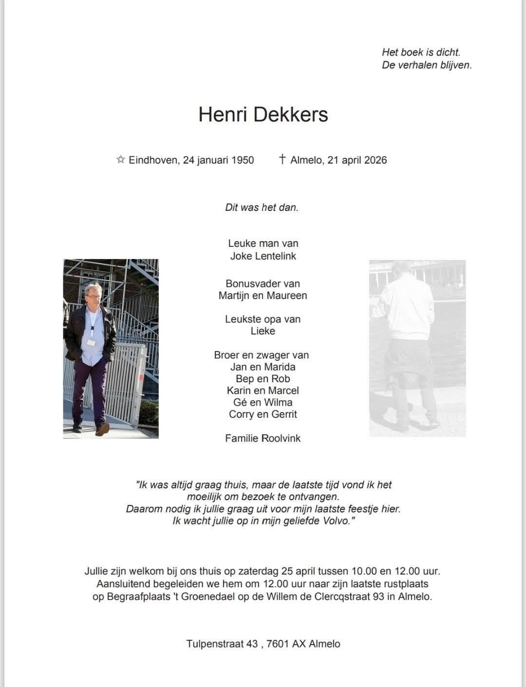 Rouwkaart Henri Dekkers